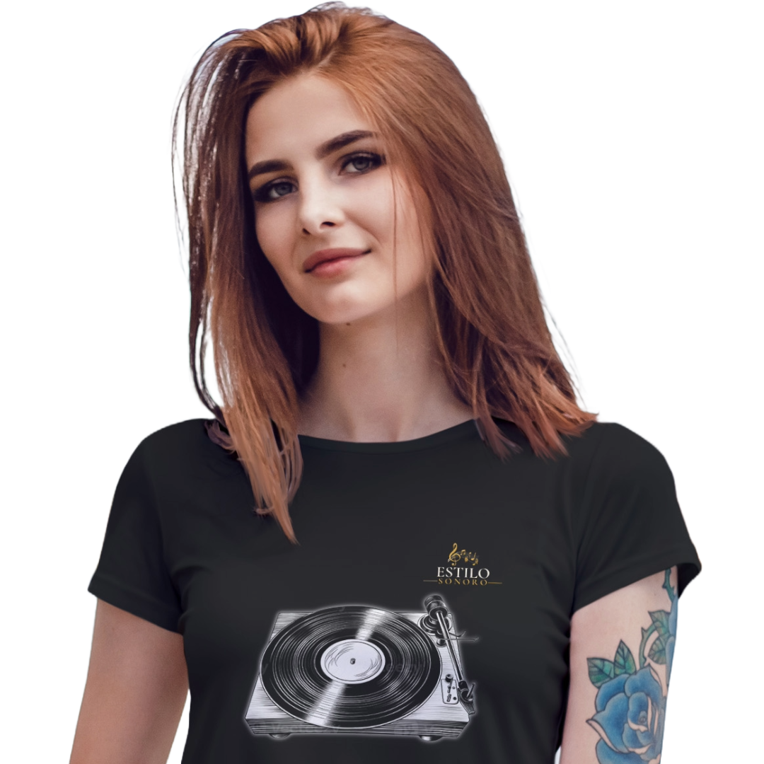 Camiseta Premium Feminina Algodão Pima Estampada Musical Disco de Vinil - Estilo Sonoro