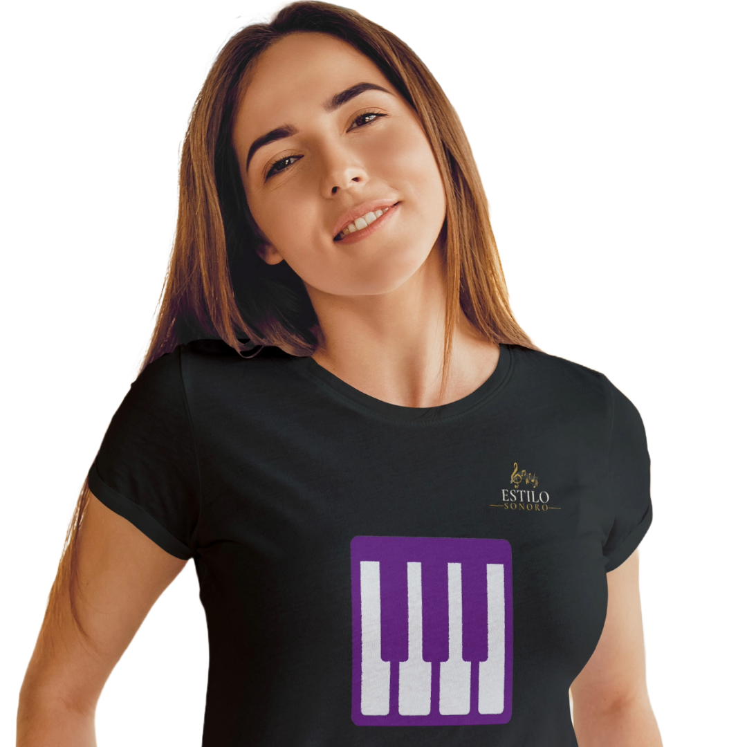 Camiseta Premium Feminina Algodão Pima Estampada Musical Piano - Estilo Sonoro Nome do produto: Camiseta Premium Feminina Algodão Pima Estampada Musical Piano - Estilo Sonoro