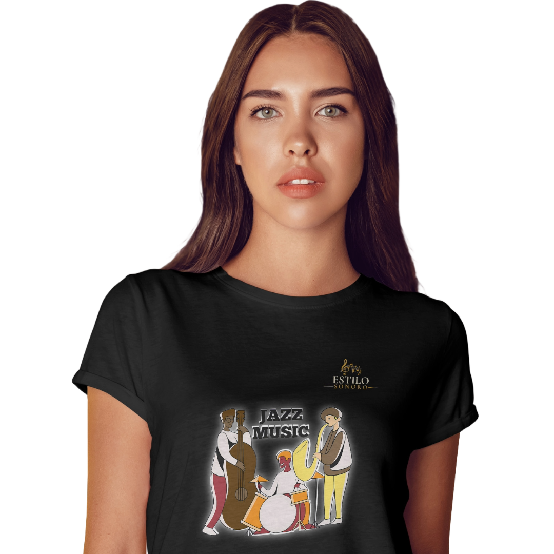 Camiseta Premium Feminina Algodão Pima Estampada Musical Jazz Music - Estilo Sonoro