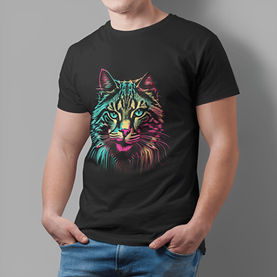Camiseta Preta T-Shirt Classic Estampada Rosto Felino por I.A