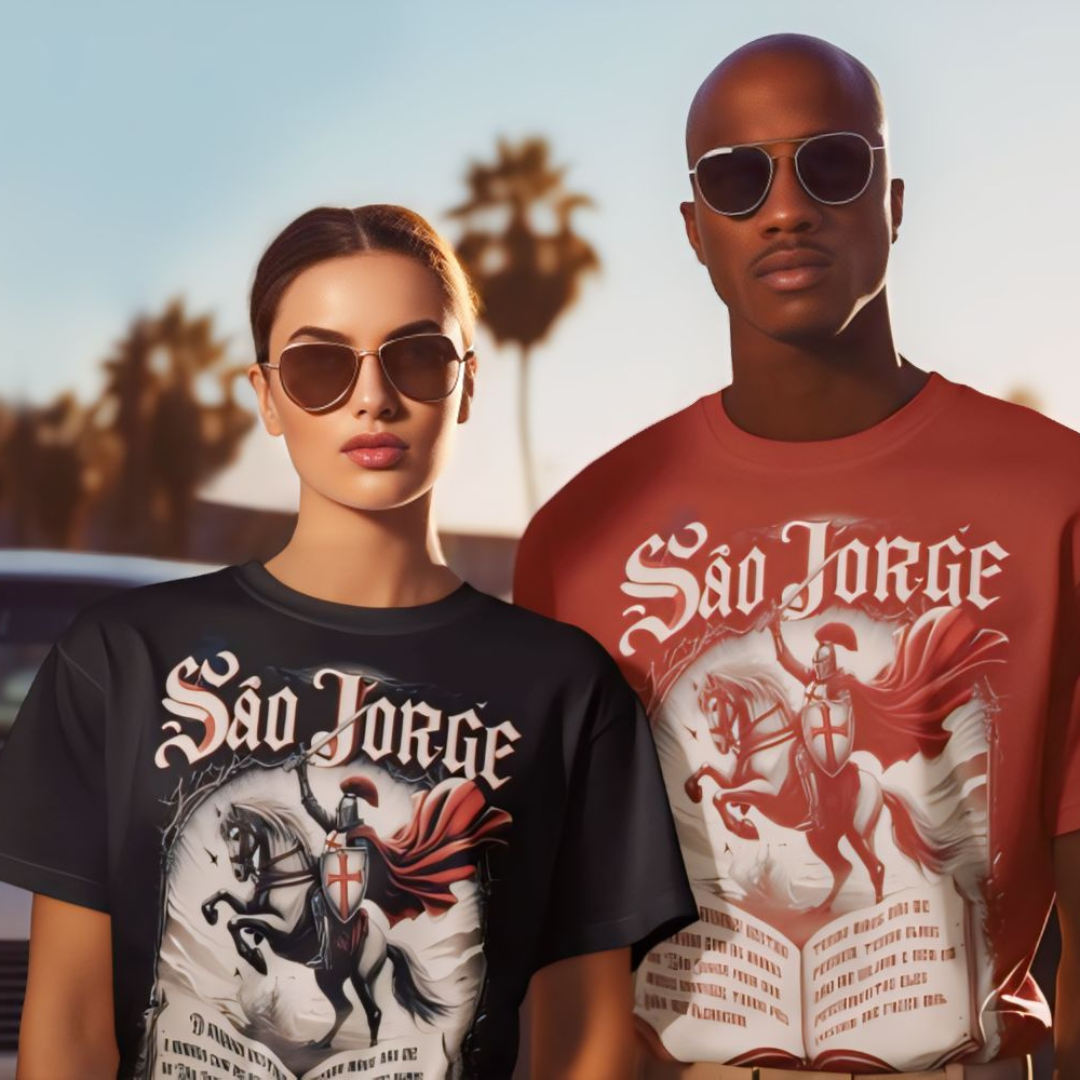 Nome do produto: CAMISETA SÃO JORGE COM ORAÇÃO
