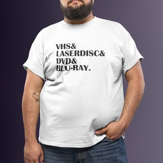 T-SHIRT PLUS SIZE VHS DVD LASERDISC BLURAY (Estampa Preta)