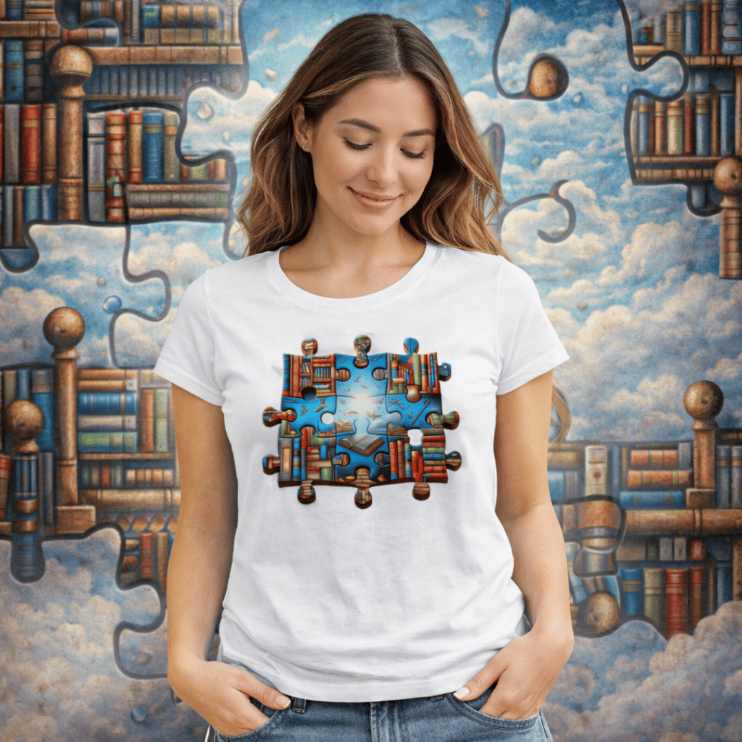 Nome do produto: Camiseta Feminina Quebra-Cabeça Literário