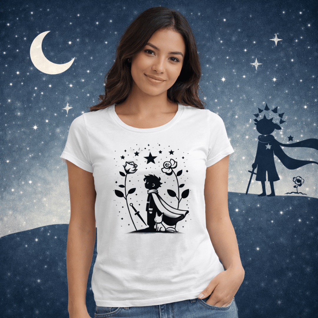 Nome do produto: Camiseta Feminina Pequeno Príncipe e Estrelas