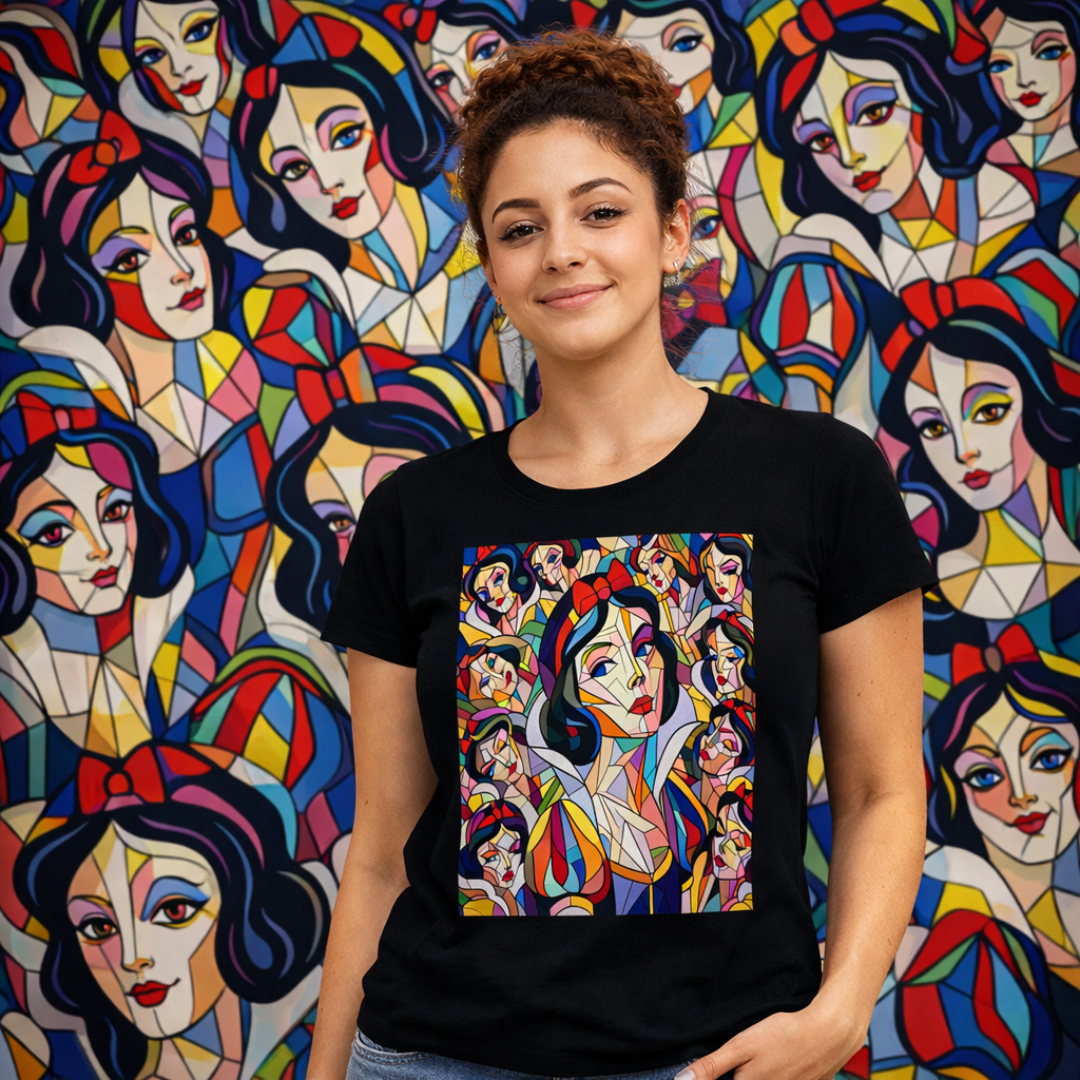 Nome do produto: Camiseta Feminina Branca de Neve Cubismo