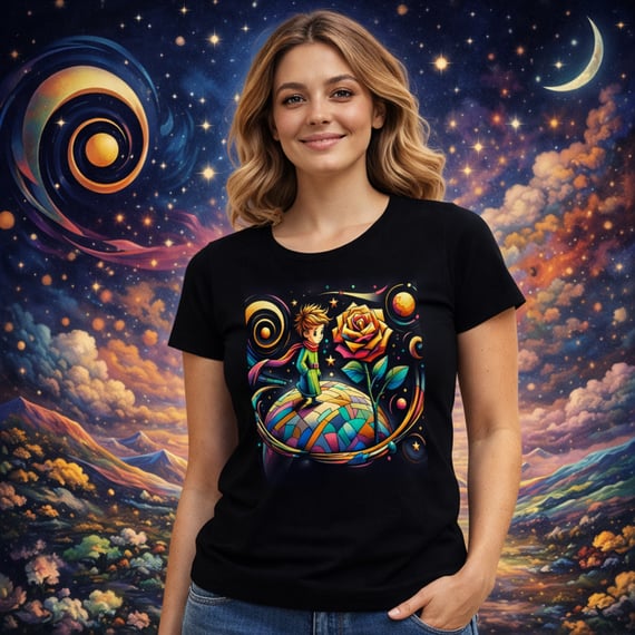 Camiseta Feminina Pequeno Príncipe e o Planeta