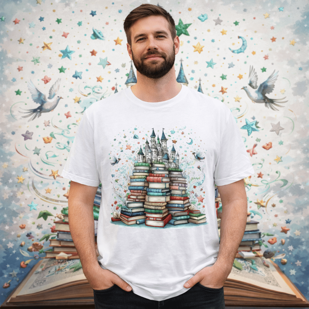 Nome do produto: Camiseta  Pilha de Livros e Castelo