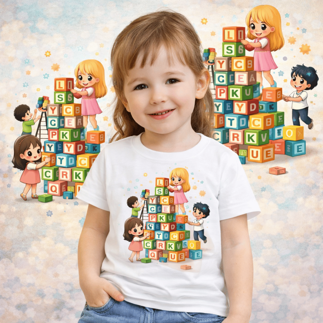 Nome do produto: Camiseta Infantil Blocos Literários