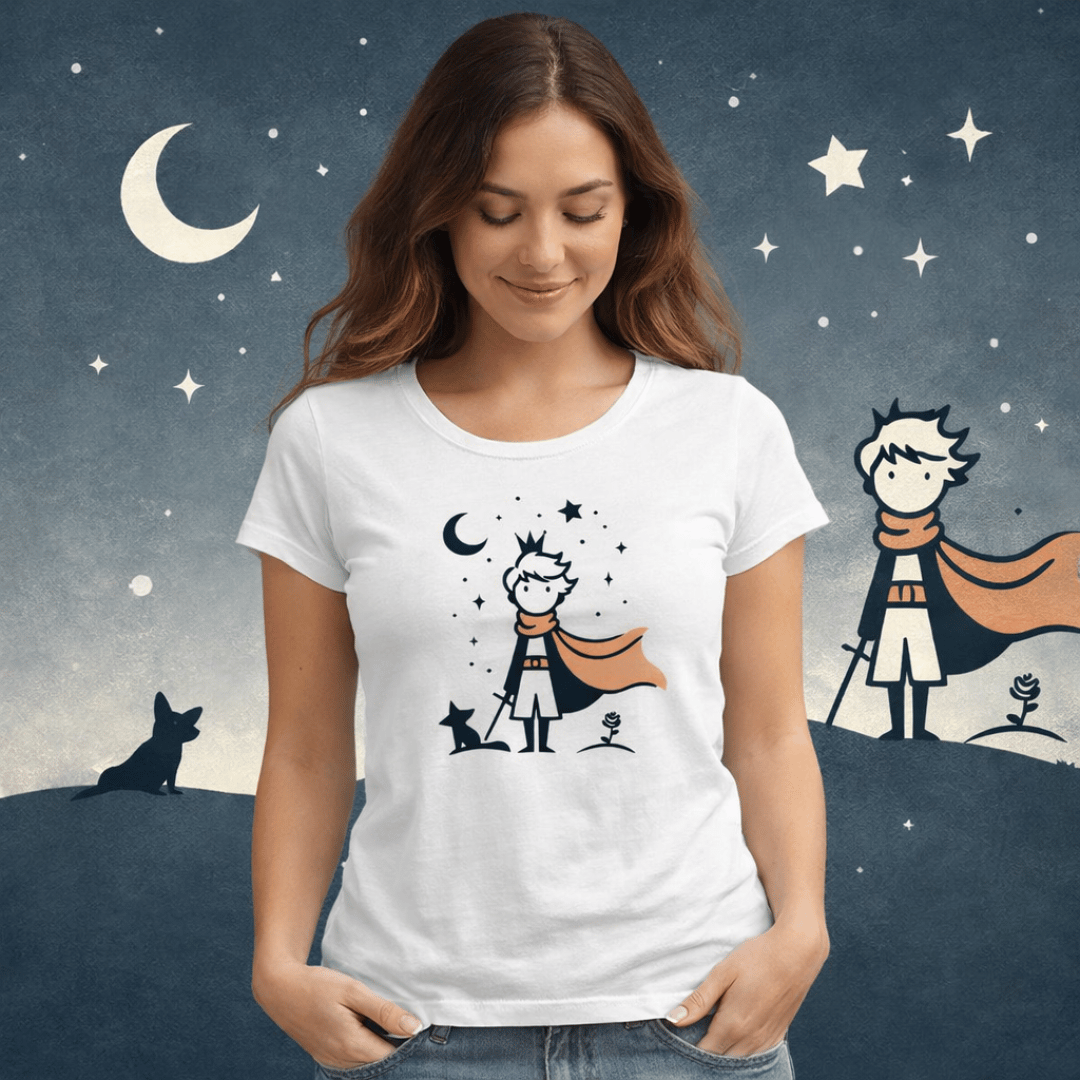 Nome do produto: Camiseta Feminina Pequeno Príncipe e o Cachorro