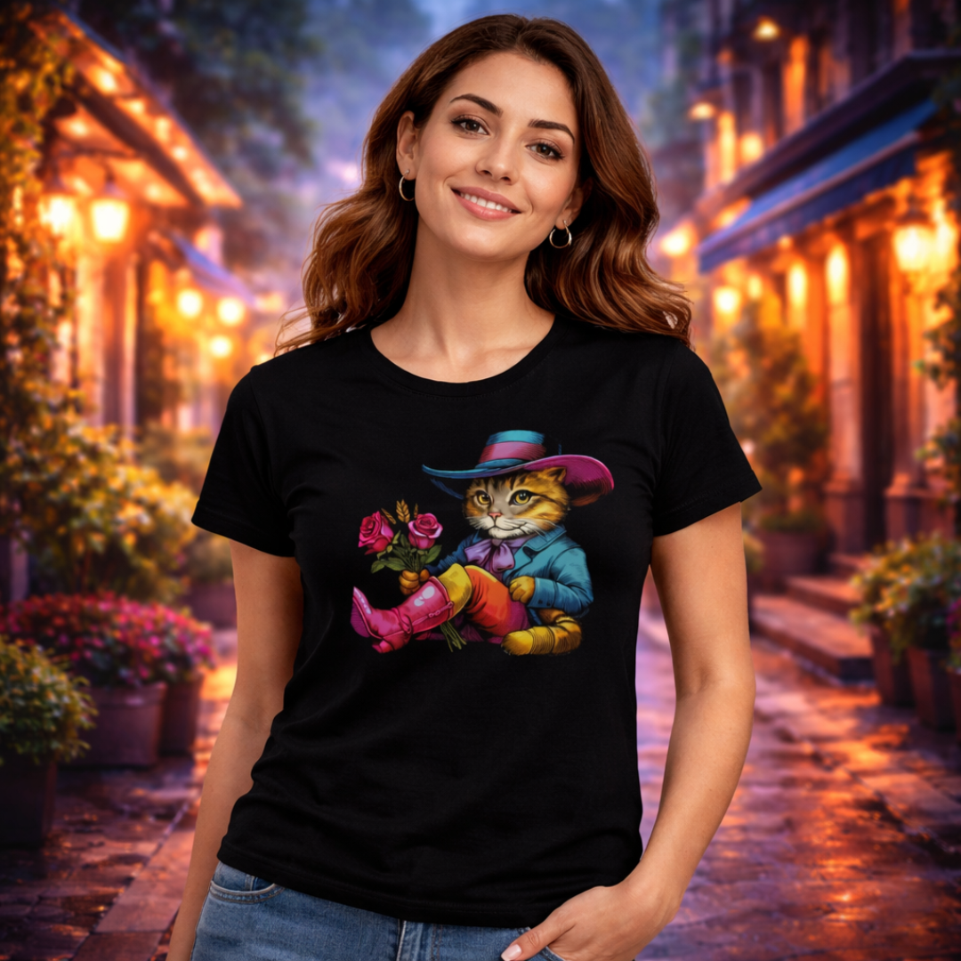 Nome do produto: Camiseta Feminina Gato de Botas Cartoon