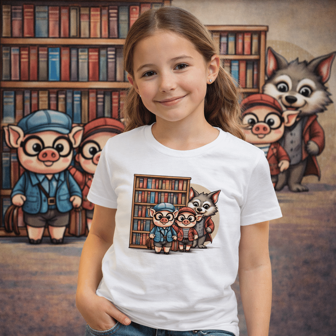Nome do produto: Camiseta Infantil Biblioteca com Três Porquinhos