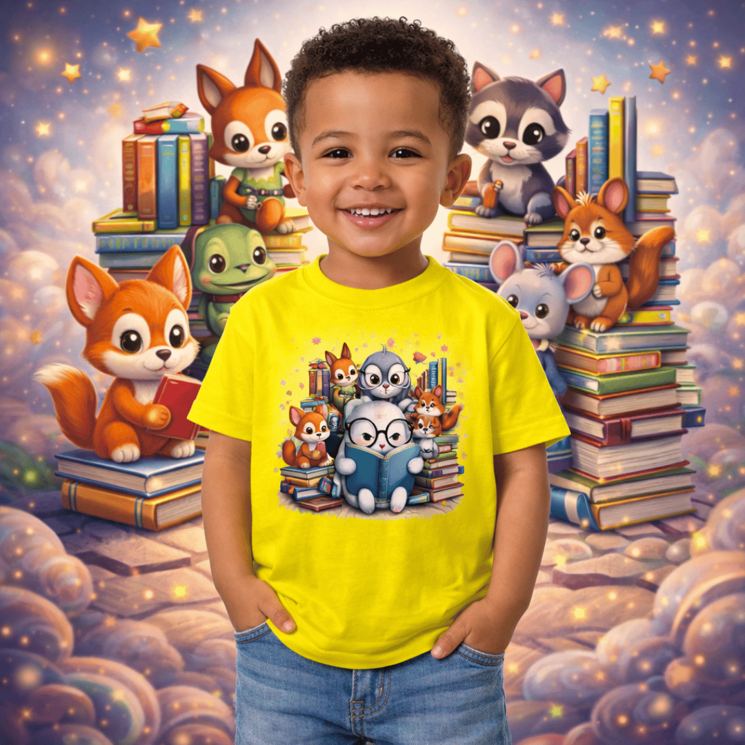 Nome do produto: Camiseta infantil Bichos na Biblioteca