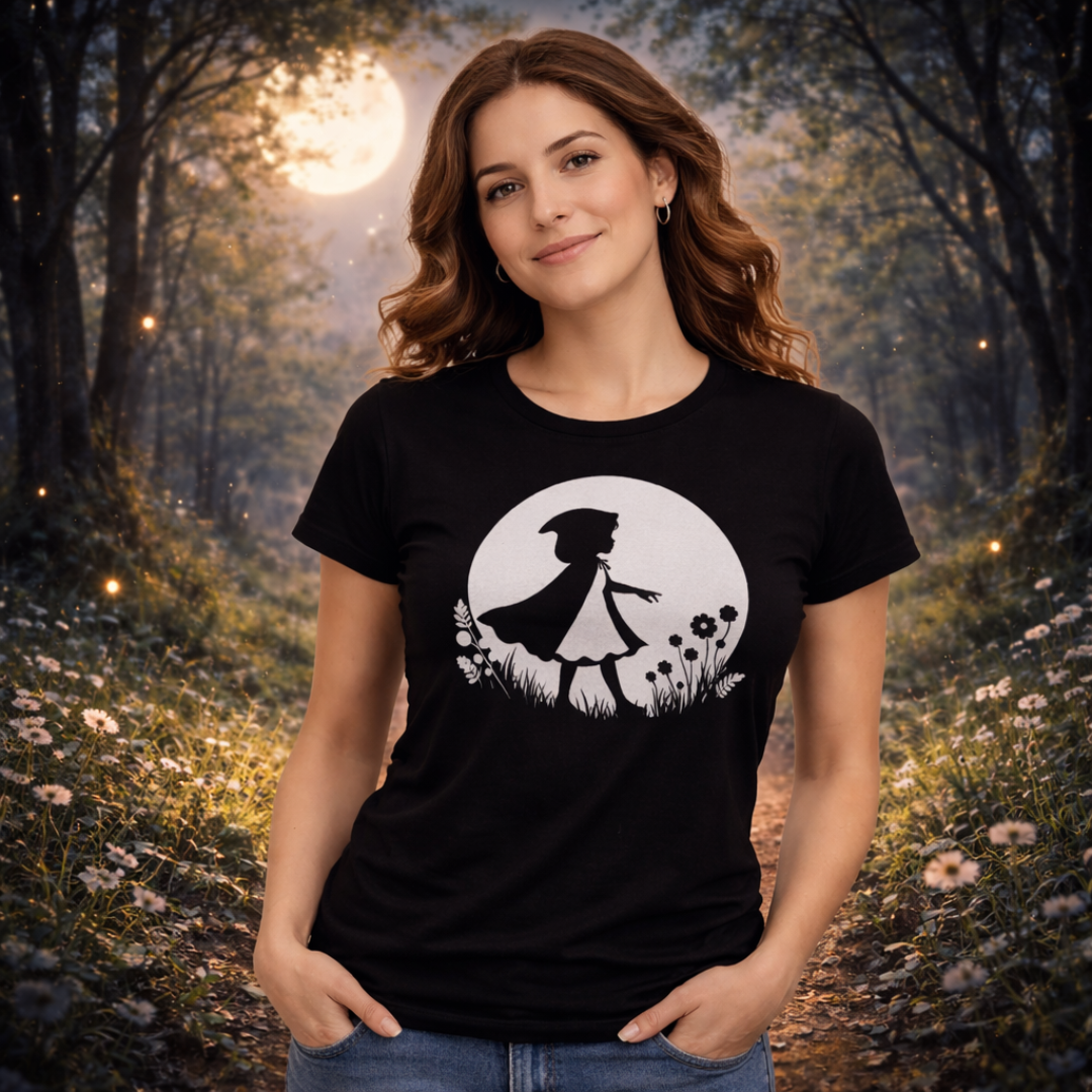 Nome do produto: Camiseta Feminina Chapeuzinho Vermelho e a Lua