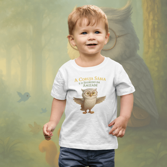 Camiseta Infantil A Coruja Sábia e o Segredo da Amizade