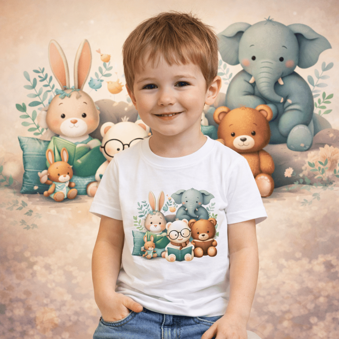 Nome do produto: Camiseta Infantil Animais Fofos Lendo