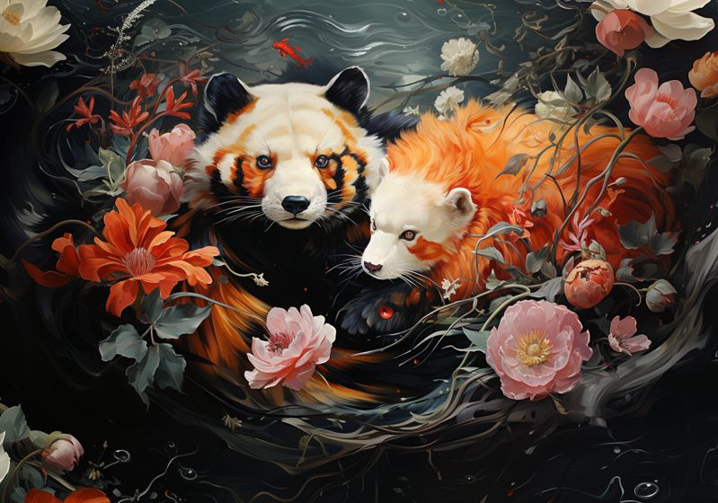 Tela Noite de Pandas e Flores