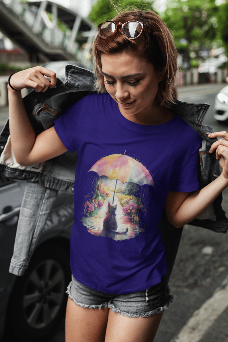 Nome do produto: Camiseta Gato na Chuva Pink Umbrella Baby Look