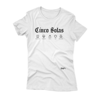 Nome do produto Cinco Solas em ícones - Baby Look (branca)