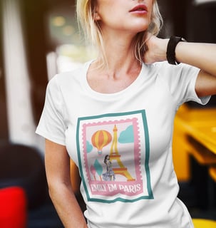 Nome do produtoCamiseta Emily em Paris Feminina Branca, Rosa e Cinza