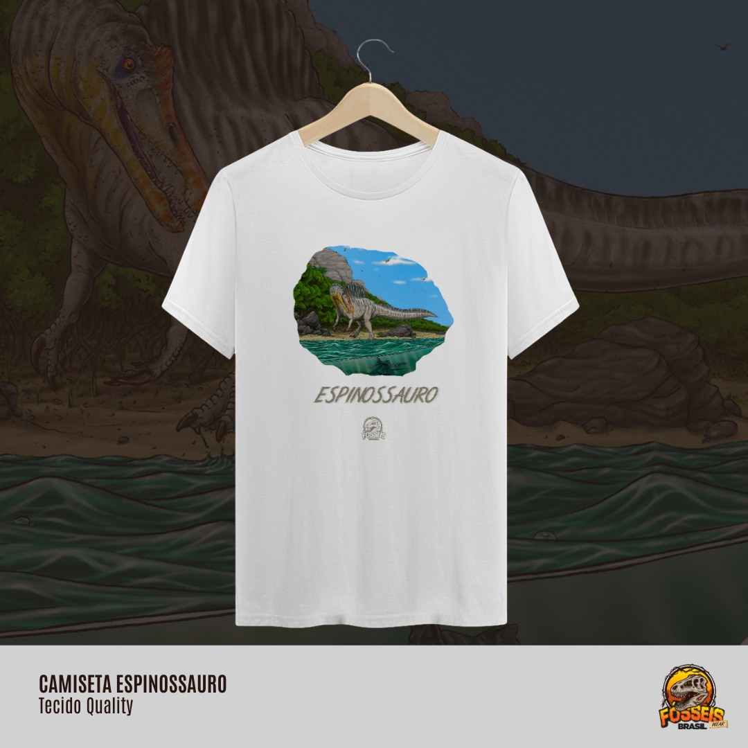 Nome do produto: Camiseta - Espinossauro em Cor | Ilustração por Leandro Sanches