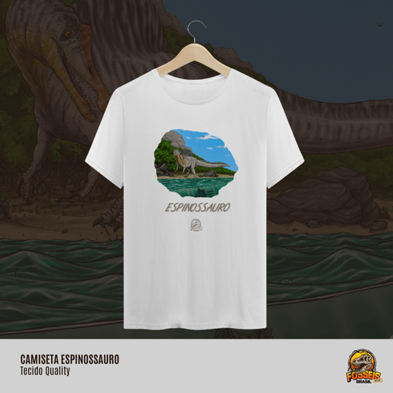 Camiseta - Espinossauro em Cor | Ilustração por Leandro Sanches