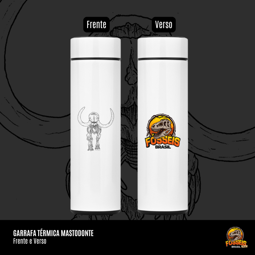 Nome do produto: Garrafa Térmica Mastodonte | Ilustrações por Leandro Sanches (Frente e Verso)