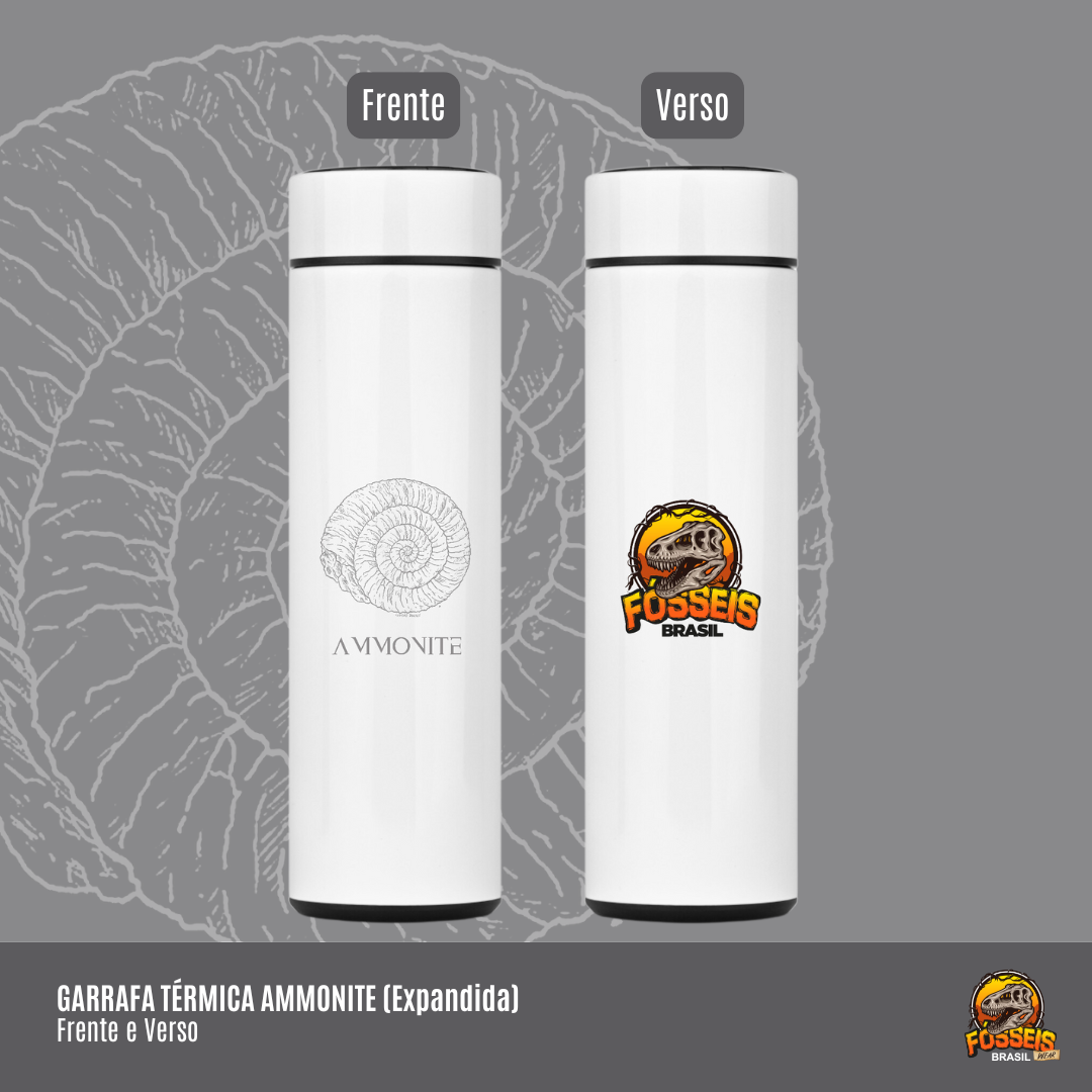 Nome do produto: Garrafa Térmica Ammonite (Expandida) | Ilustração por Leandro Sanches (Frente e Verso)