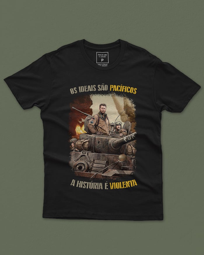 T-SHIRT PREMIUM OS IDEAIS SÃO PACÍFICOS, A HISTÓRIA É VIOLENTA