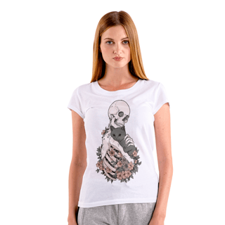 Nome do produto Camiseta baby look de caveira - Skull, Cats and Flowers - BLSCF24