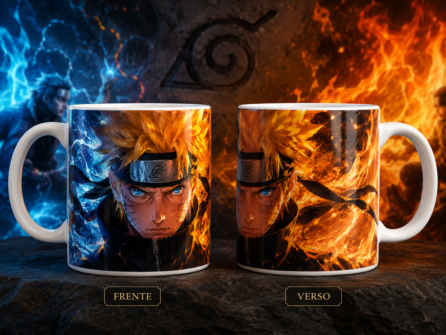 Caneca Anime Ninja Adulto Chakra Fogo e Gelo Geek Cerâmica Premium 325ml