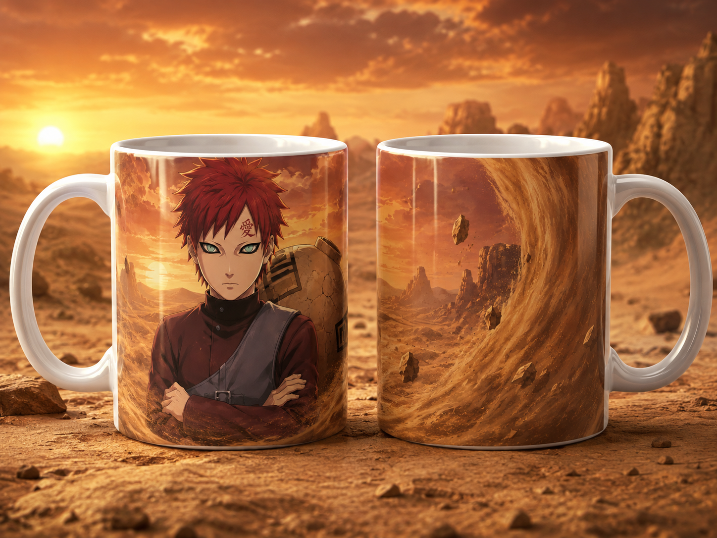 Caneca Anime Ninja da Areia Pôr do Sol Geek Cerâmica Premium 325ml