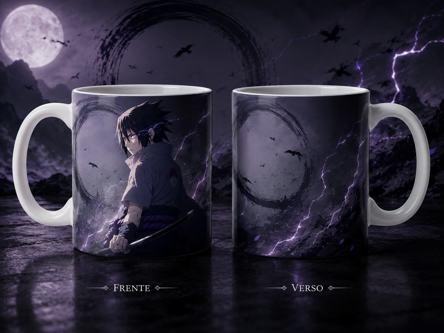 Caneca Anime Ninja Espadachim Raios Roxos Arte Dark Geek Cerâmica Premium 325ml