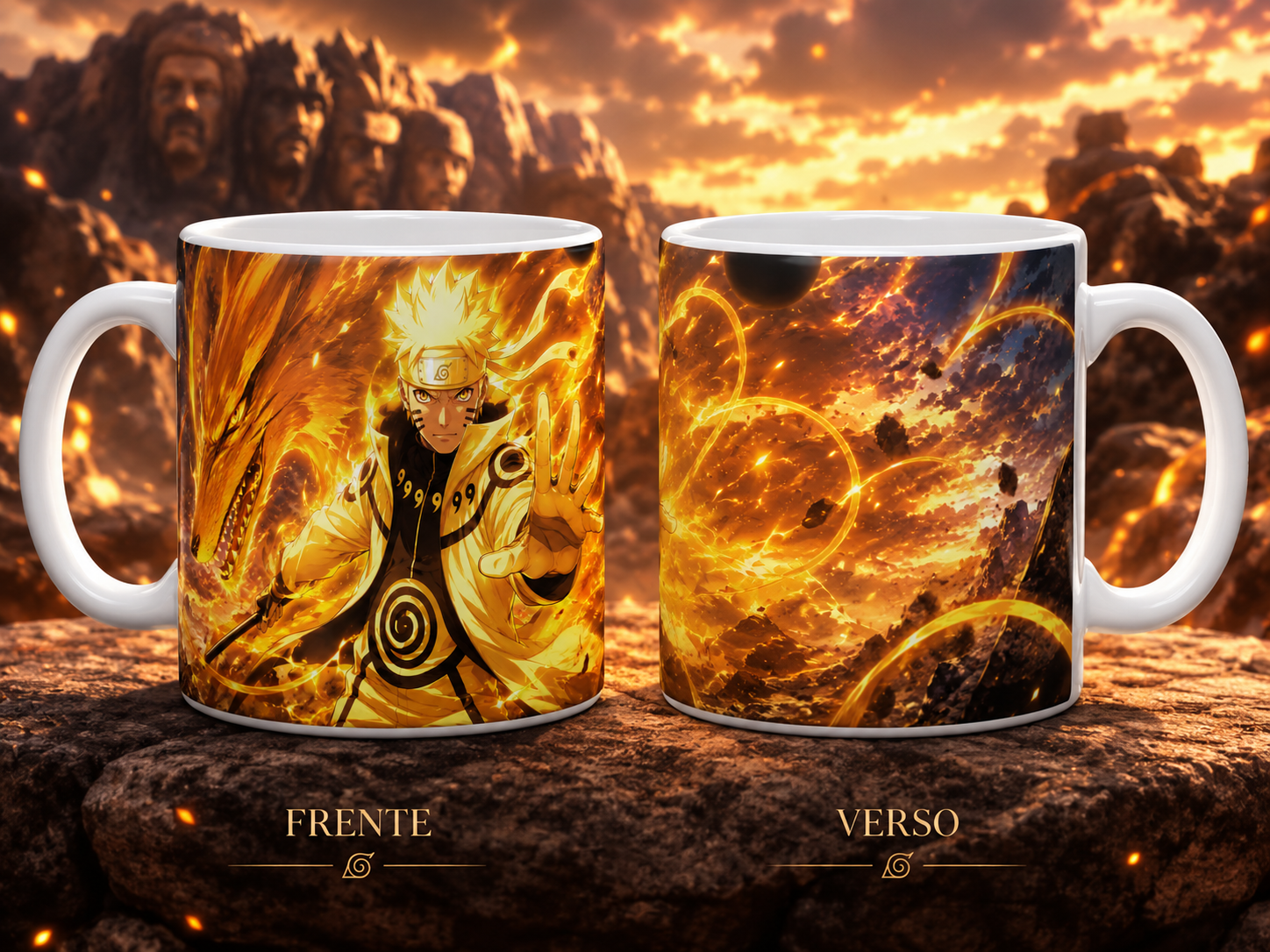 Caneca Anime Ninja Adulto Chakra Dourado Raposa Geek Cerâmica Premium 325ml