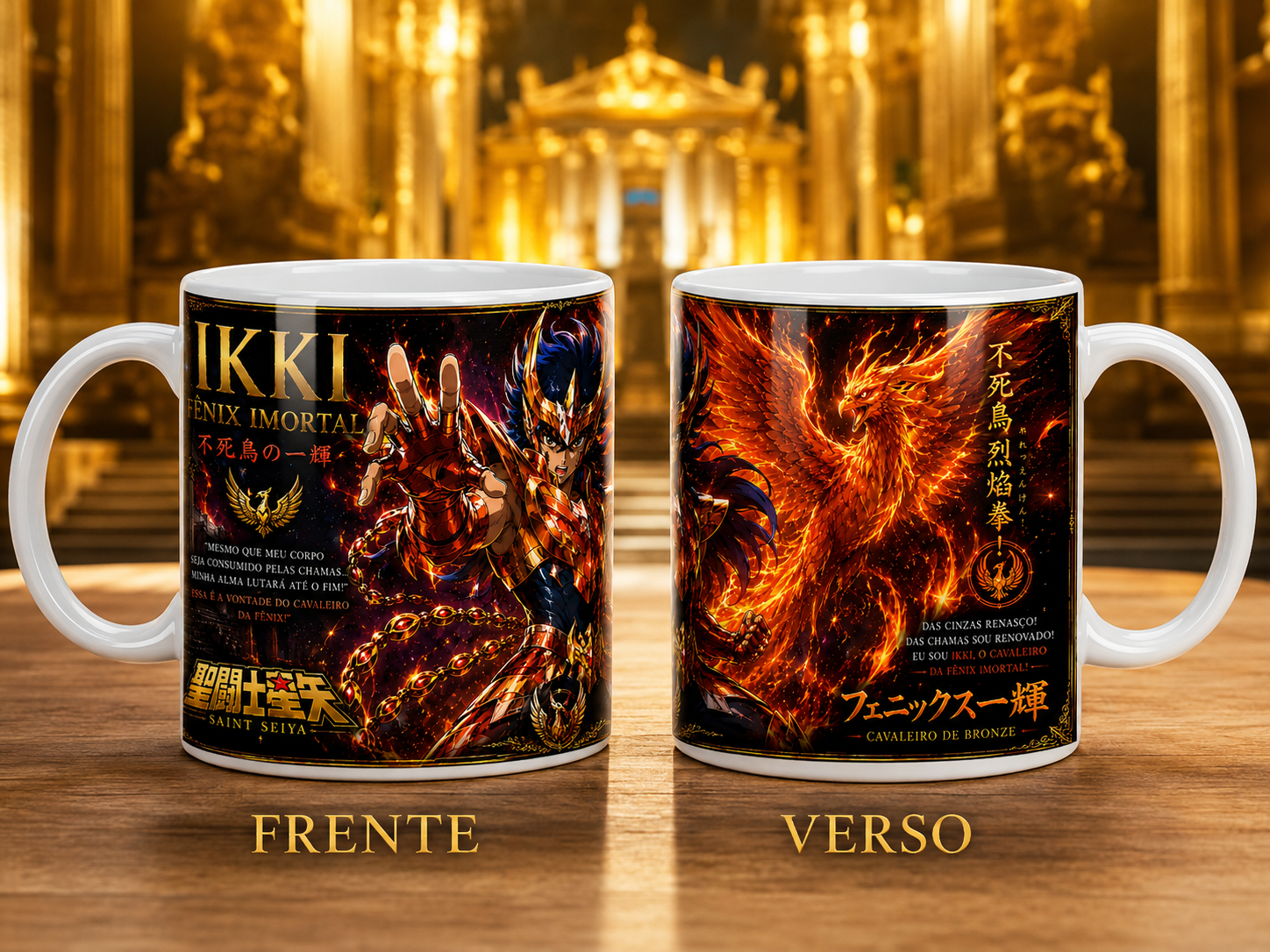 Caneca Anime Cavaleiro da Fênix Imortal Geek Cerâmica Premium 325ml