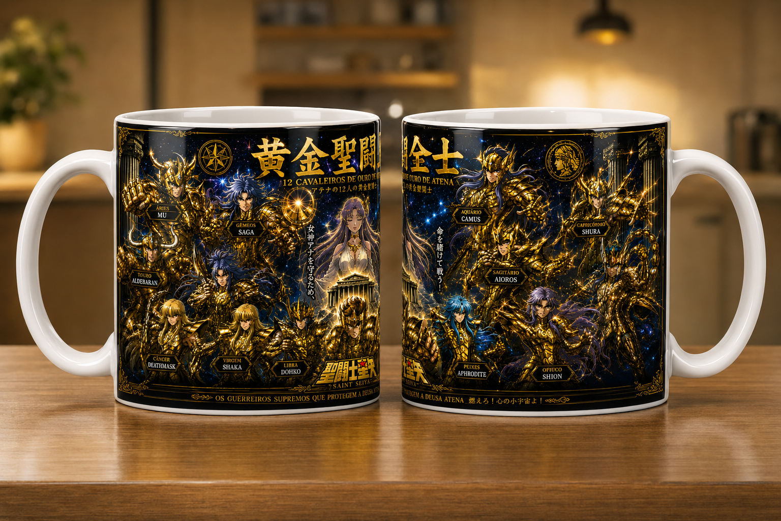 Caneca Anime Guerreiros Dourados do Zodíaco Arte Cósmica Cerâmica Premium 325ml