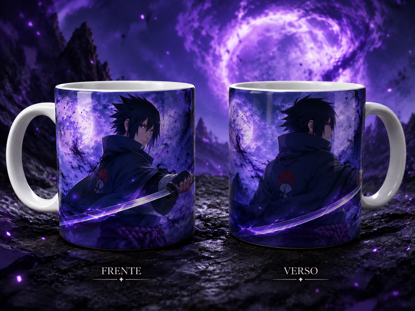 Caneca Anime Ninja Espadachim Lua Roxa Arte Dark Geek Cerâmica Premium 325ml