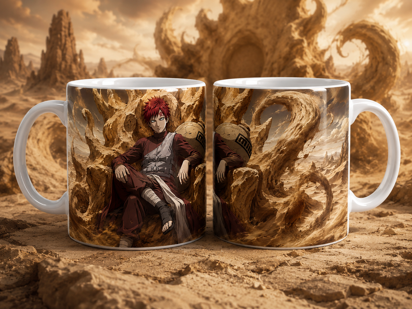 Caneca Anime Ninja da Areia Trono do Deserto Geek Cerâmica Premium 325ml