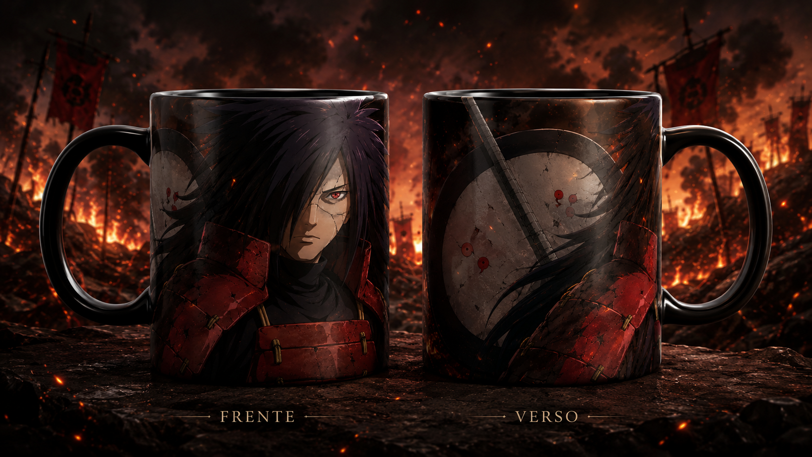 Caneca Anime Guerreiro Ninja Armadura Vermelha Arte Épica Cerâmica Premium 325ml