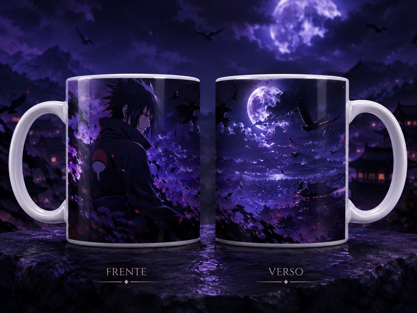 Caneca Anime Ninja Sombrio Lua Roxa Corvos Geek Cerâmica Premium 325ml