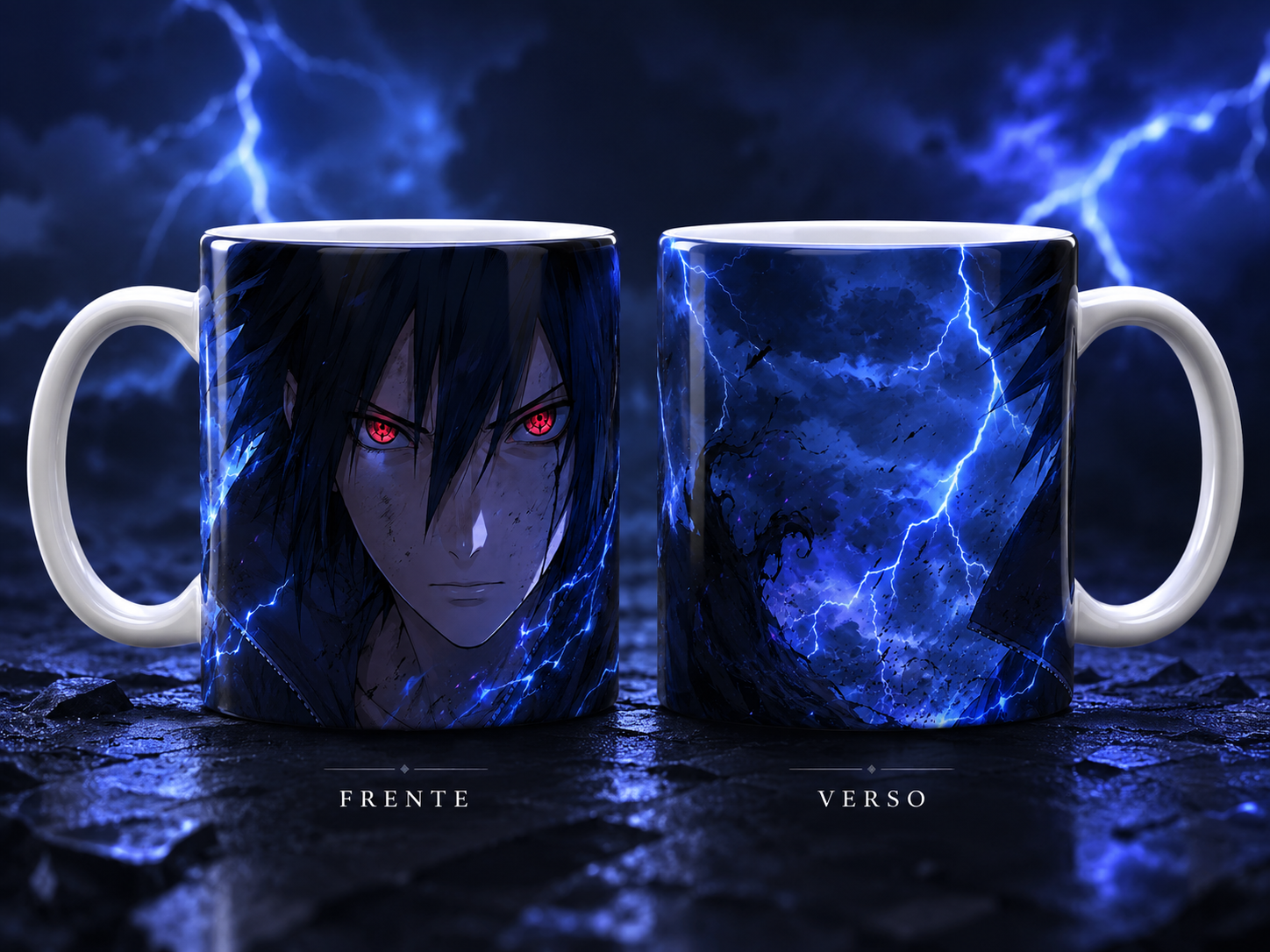 Caneca Geek Ninja Anime Tempestade Azul Arte Sombria Cerâmica Premium 325ml