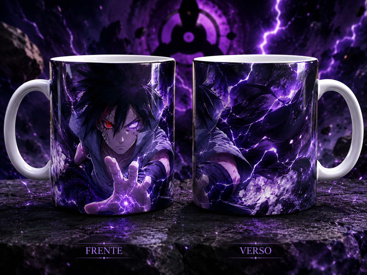 Caneca Anime Ninja Energia Roxa Relâmpago Arte Dark Geek Cerâmica Premium 325ml