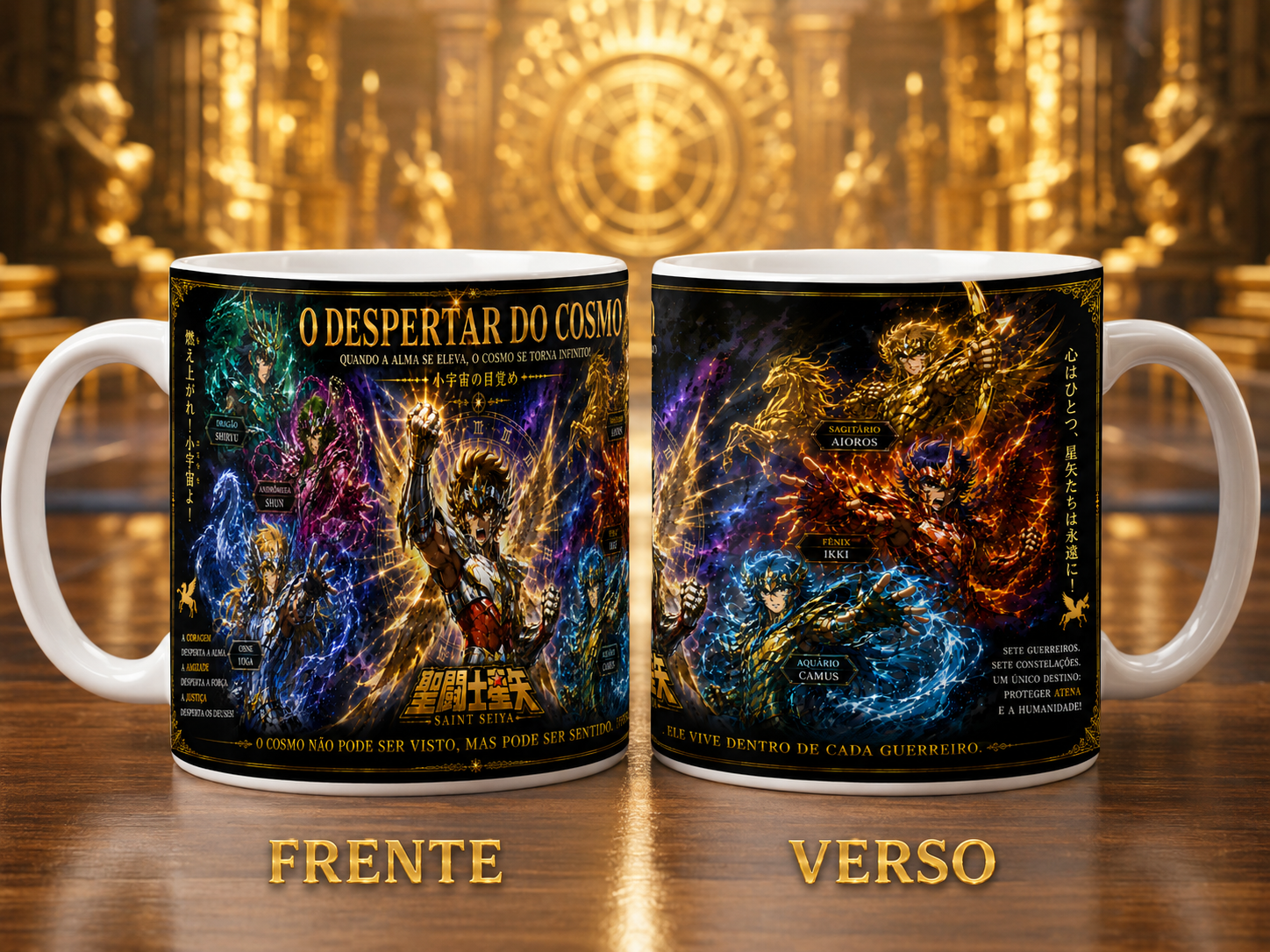 Caneca Anime Guerreiros Cósmicos O Despertar do Cosmo Geek Cerâmica Premium 325ml 