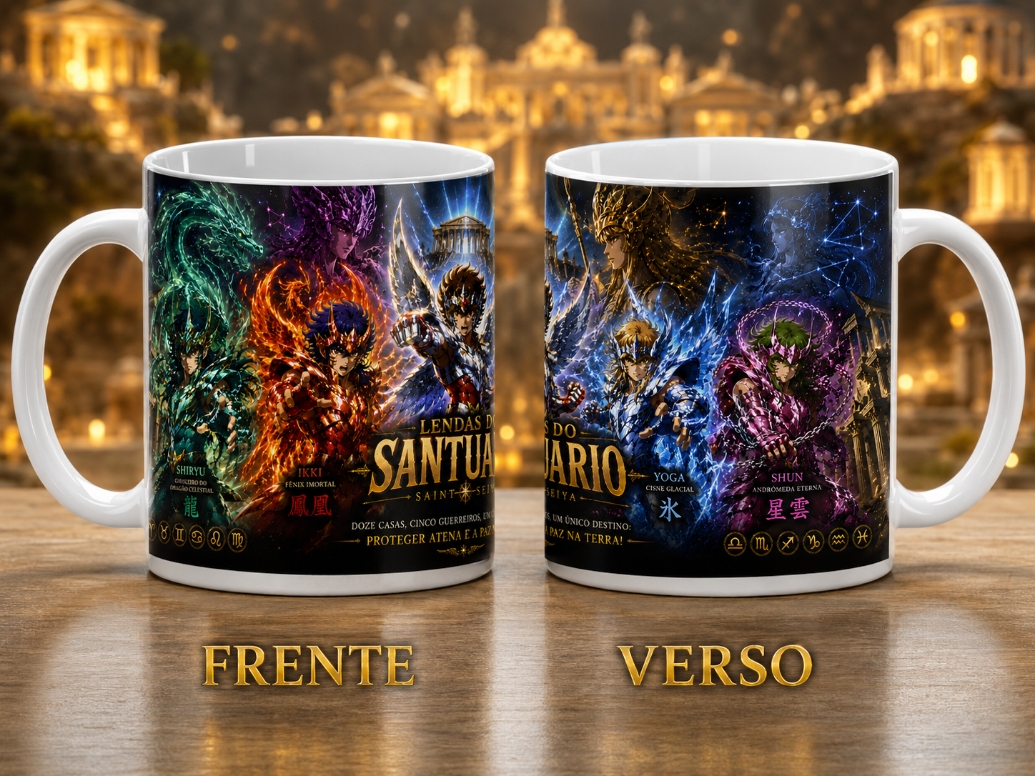 Caneca Anime Guerreiros Cósmicos Lendas do Santuário Geek Cerâmica Premium 325ml