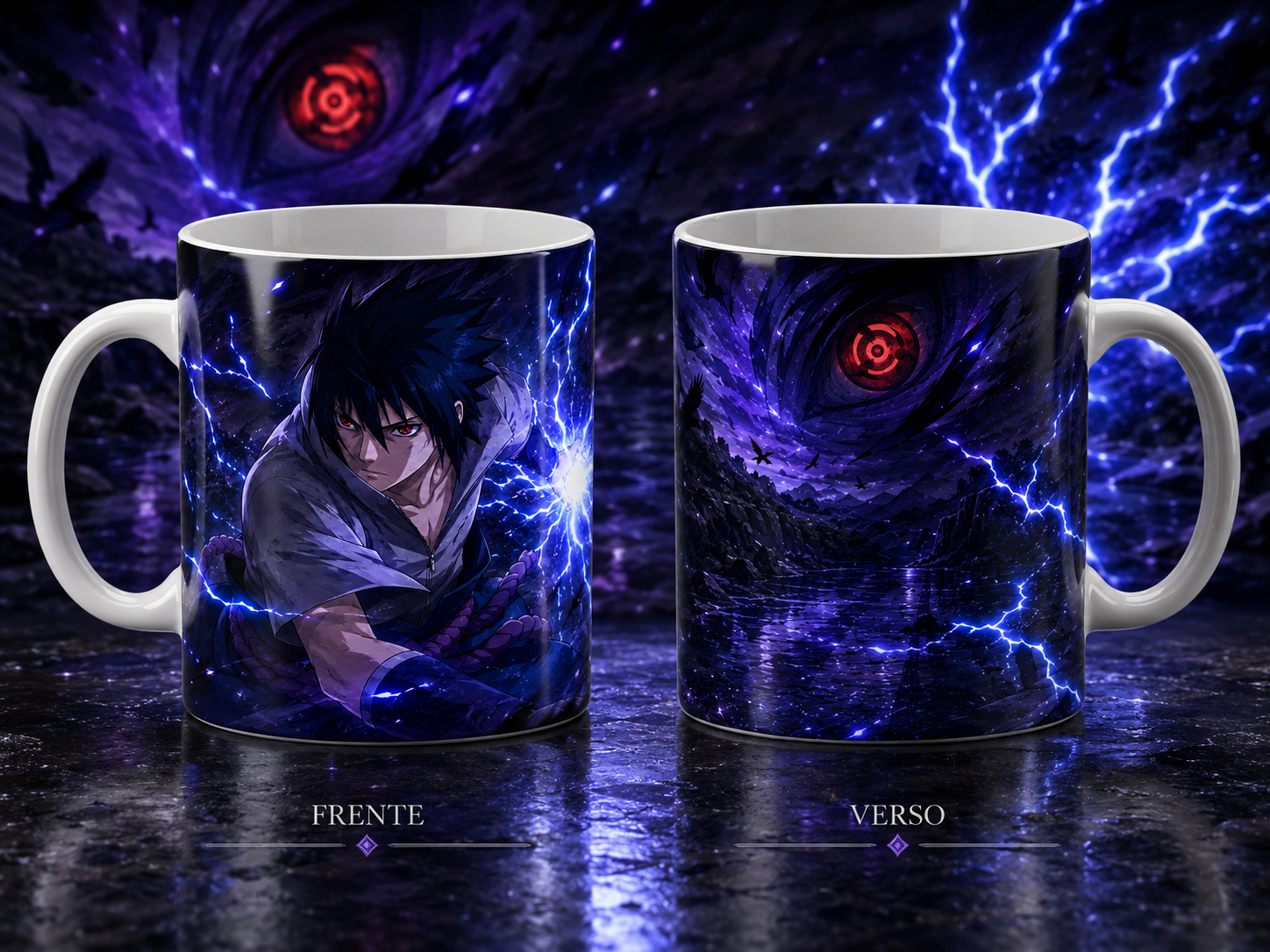 Caneca Anime Ninja Relâmpago Azul Olho Vermelho Geek Cerâmica Premium 325ml