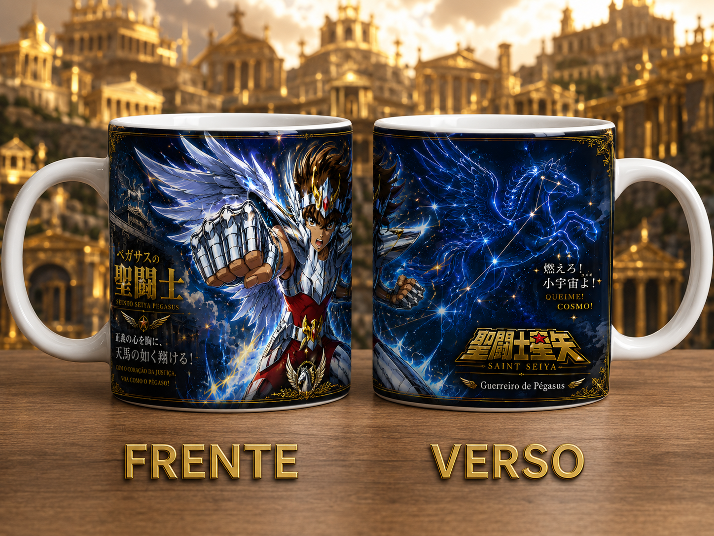 Caneca Anime Guerreiro Alado de Pégasus Cosmos Azul Geek Cerâmica Premium 325ml