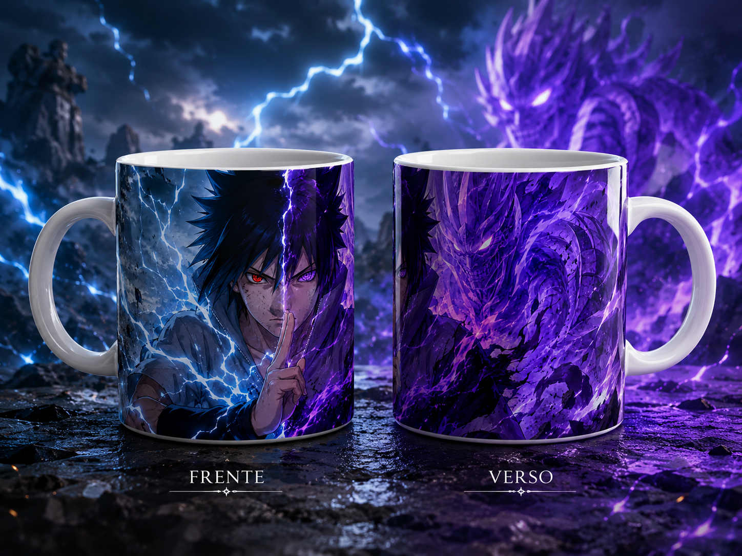 Caneca Anime Ninja Poder Supremo Energia Roxa e Raios Azuis Cerâmica Premium 325ml