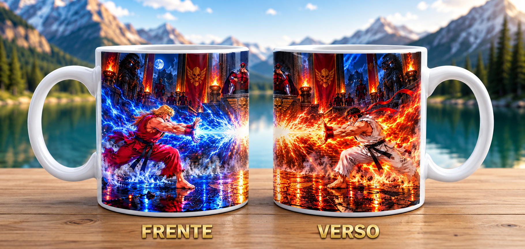Caneca Street Fighter Ryu vs Ken Batalha Épica Geek Cerâmica Premium 325ml