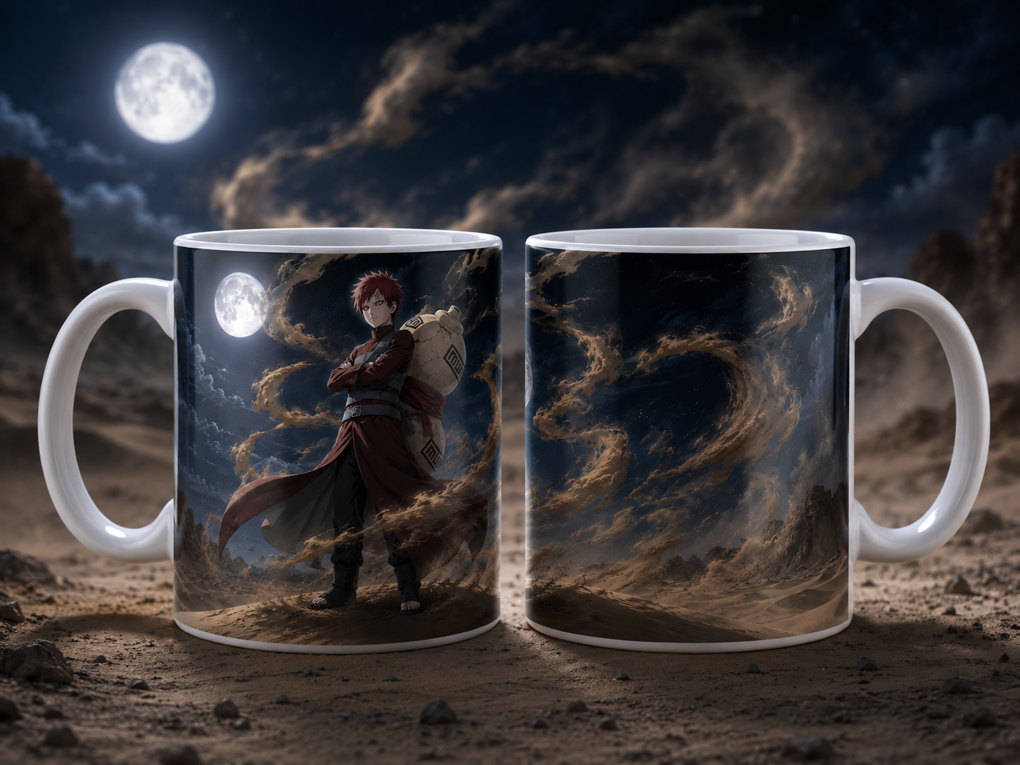 Caneca Anime Ninja da Areia Deserto Lua Cheia Geek Cerâmica Premium 325ml