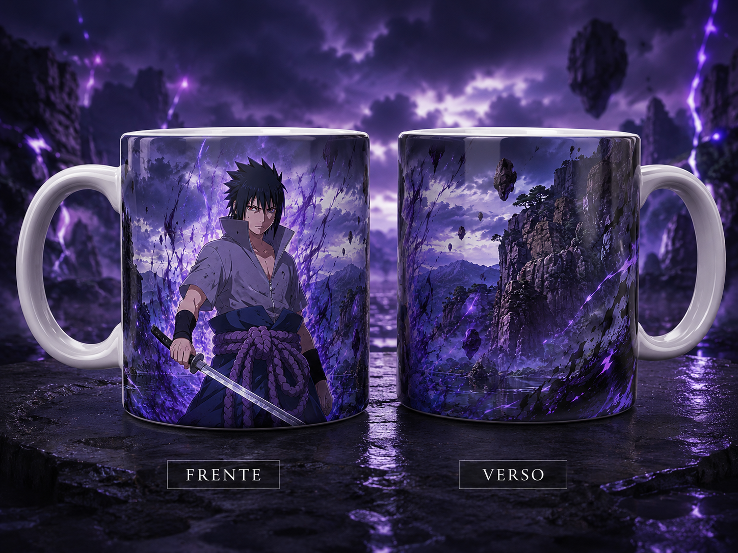 Caneca Anime Ninja Espadachim Energia Roxa Arte Geek Cerâmica Premium 325ml