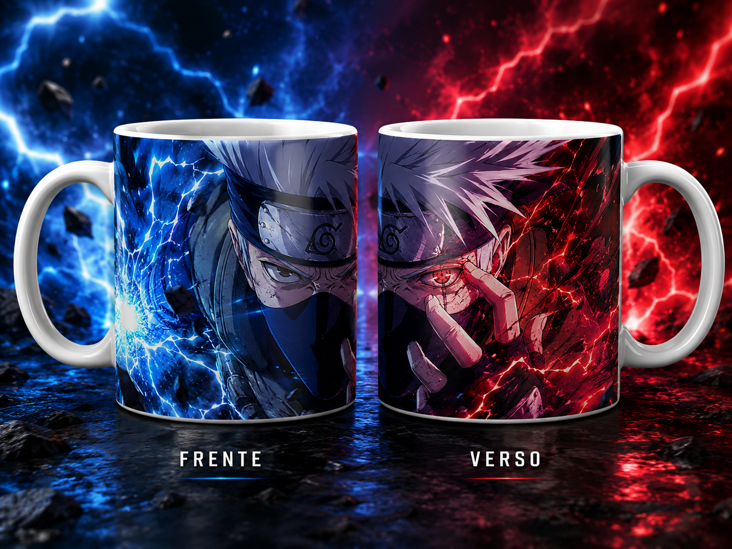 Caneca Anime Ninja Mascarado Raios Azul Vermelho Geek Cerâmica Premium 325ml
